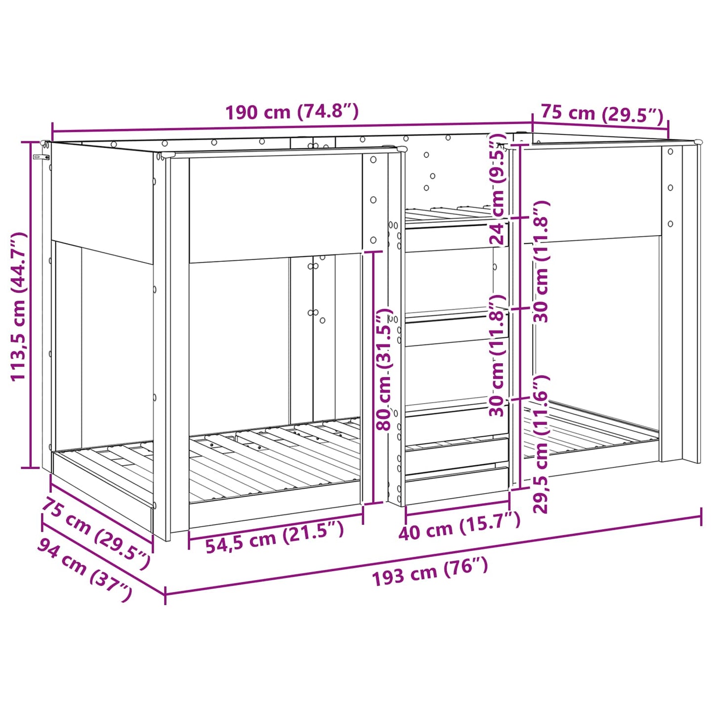 vidaXL Etagenbett für Kinder Altholz 75 x 190 cm Holzwerkstoff