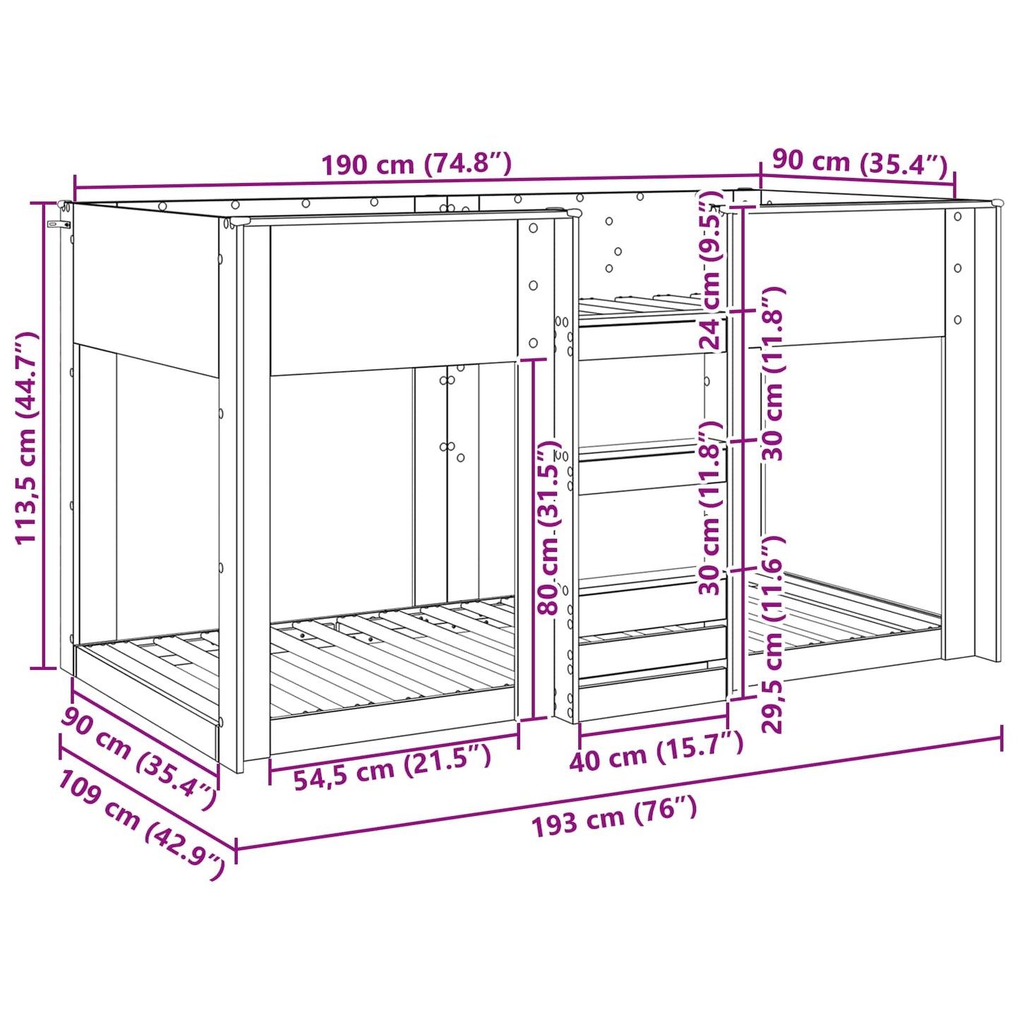 vidaXL Etagenbett für Kinder Geräucherte Eiche 90 x 190 cm