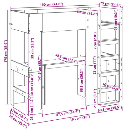 vidaXL Etagenbettgestell mit Schreibtisch Sonoma-Eiche 75 x 190 cm