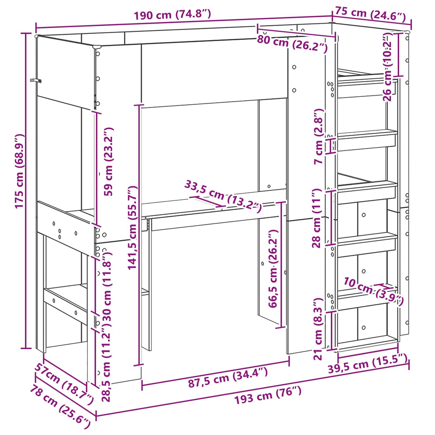 Etagenbettgestell mit Schreibtisch Altholz 75 x 190 cm