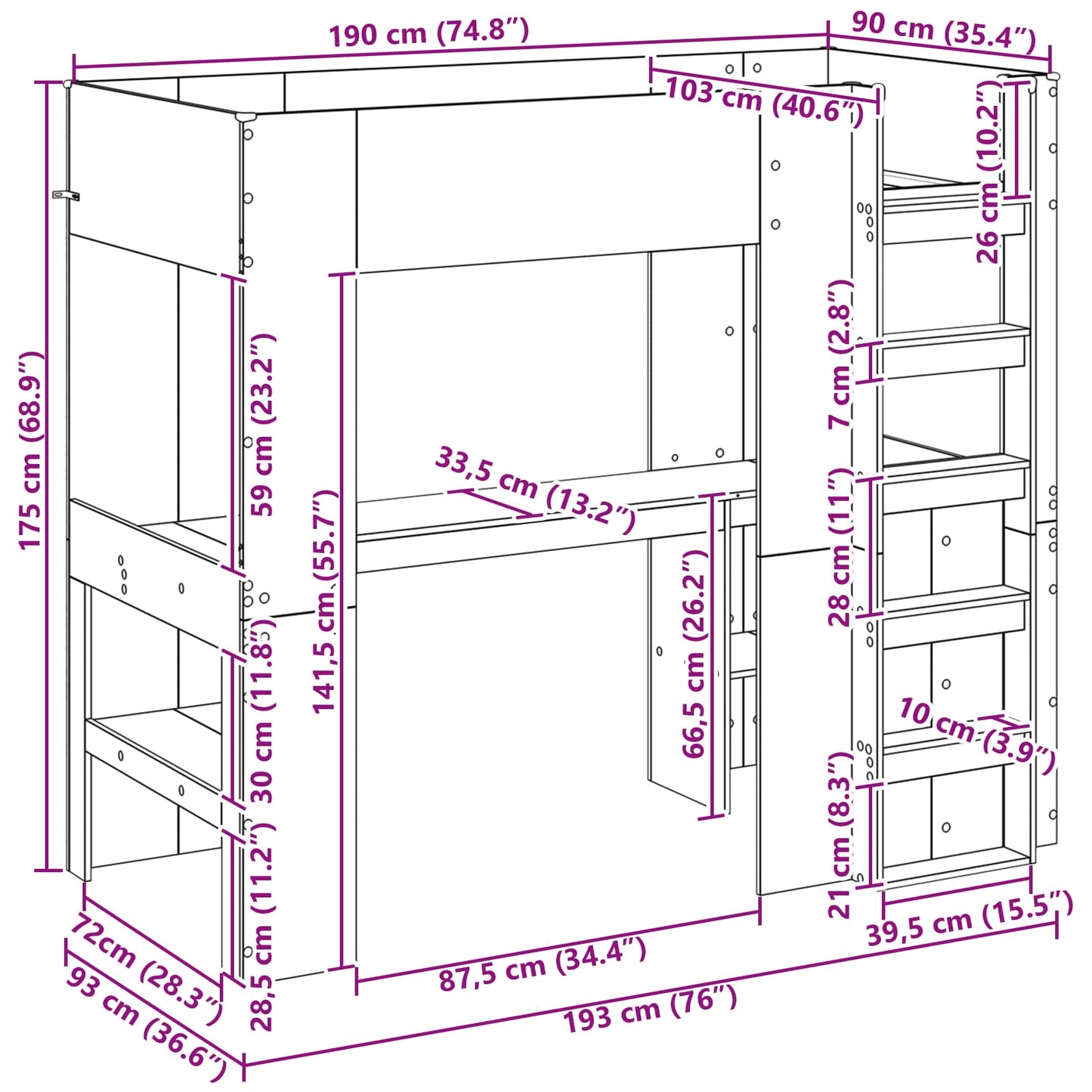 Etagenbettgestell mit Schreibtisch Graues Sonoma 90 x 190 cm