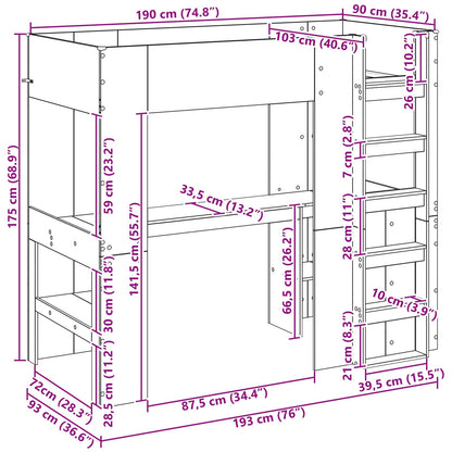 Etagenbettgestell mit Schreibtisch Graues Sonoma 90 x 190 cm