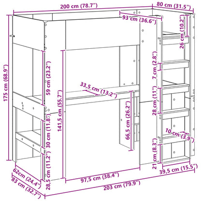 vidaXL Etagenbettgestell mit Schreibtisch Altholz 80 x 200 cm