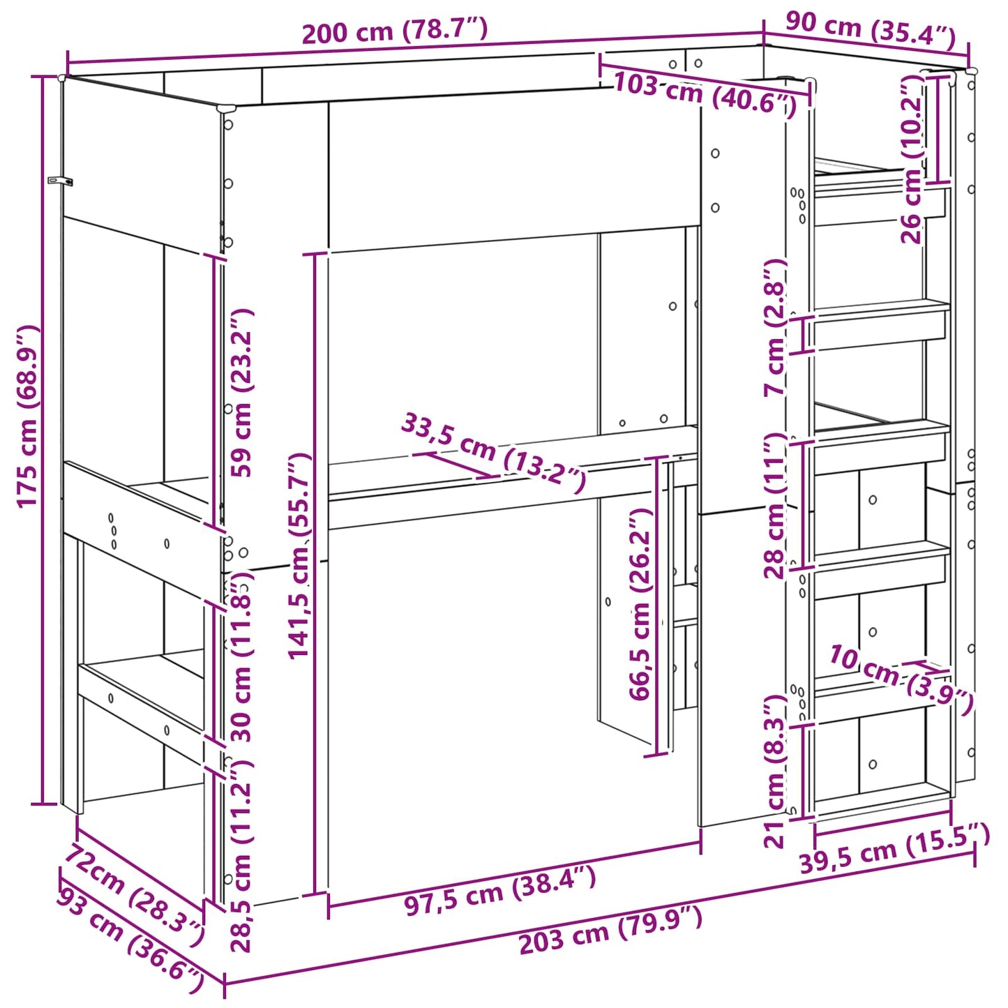 Etagenbettgestell mit Schreibtisch Altholz 90 x 200 cm