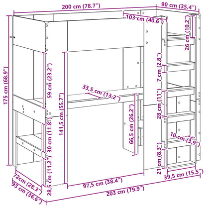 Etagenbettgestell mit Schreibtisch Altholz 90 x 200 cm