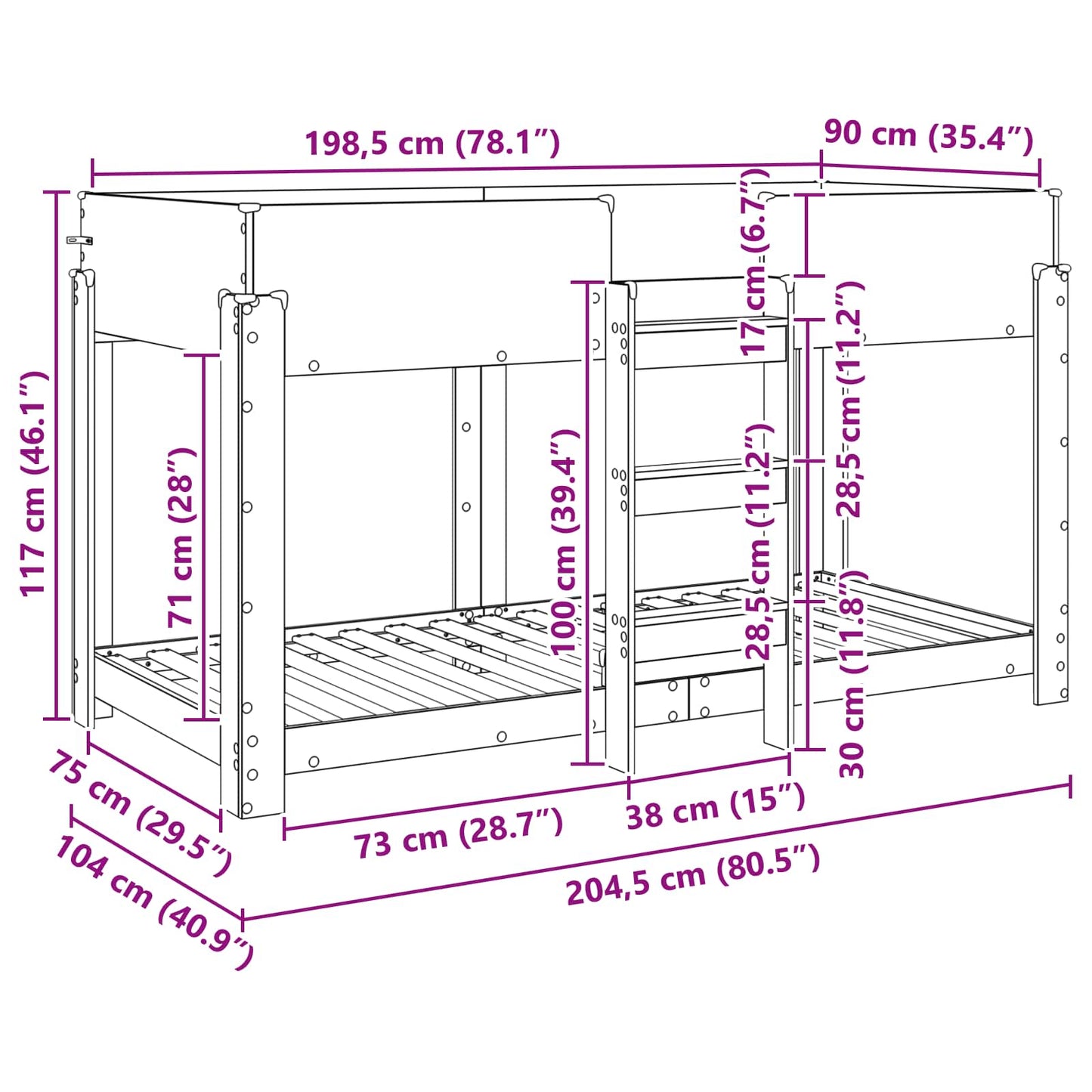 vidaXL Etagenbett für Kinder Beton Grau 100 x 200 cm Holzwerkstoff