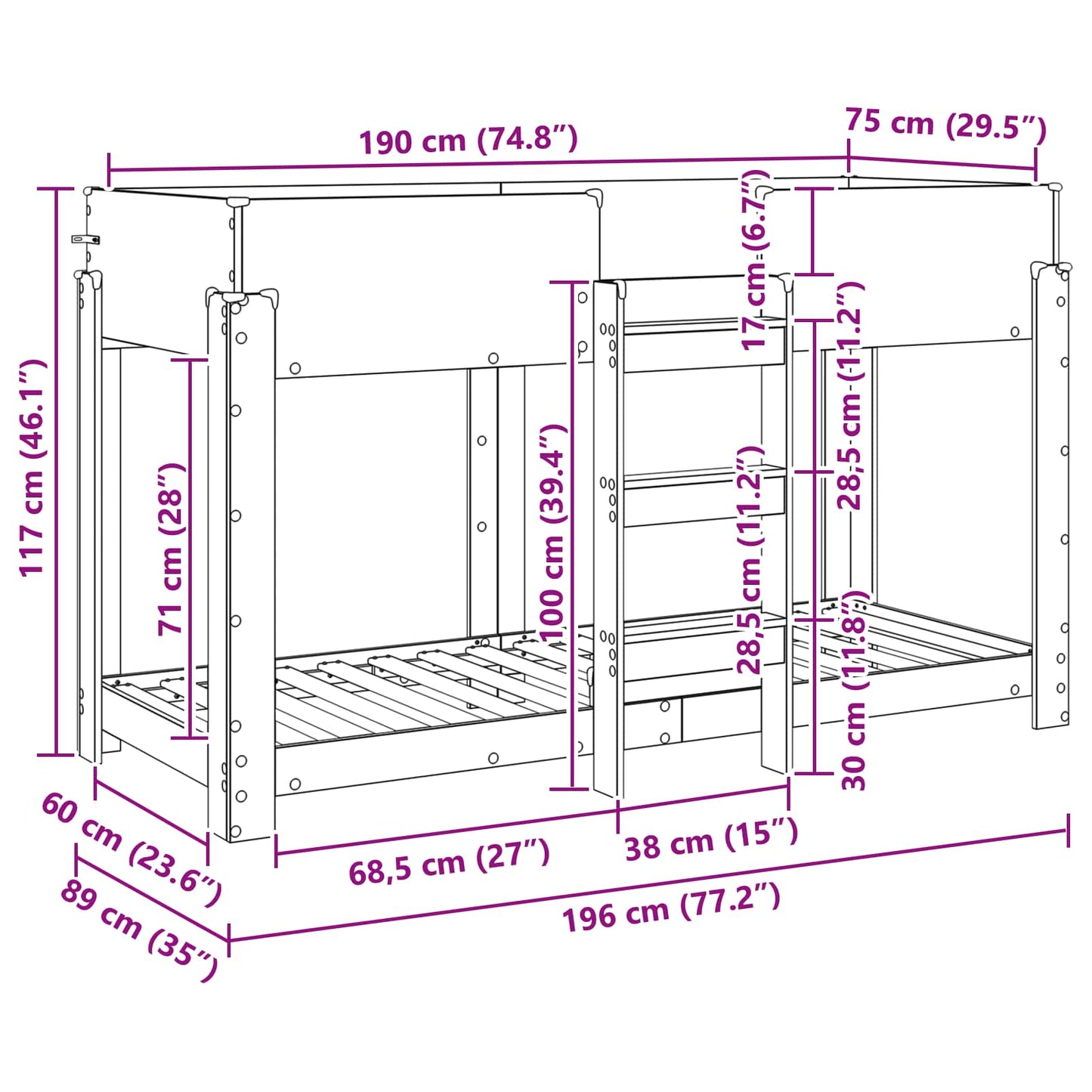 vidaXL Etagenbett für Kinder Artisan-Eiche 75 x 190 cm Holzwerkstoff