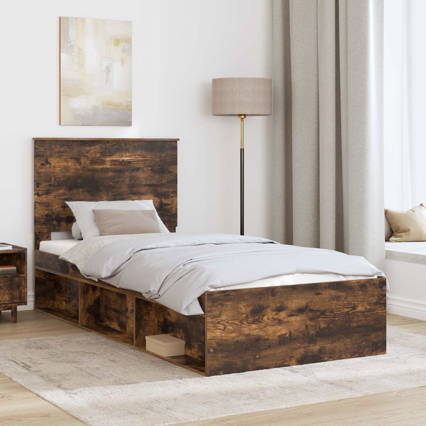 vidaXL Bettrahmen Geräucherte Eiche 90 x 200 cm Massives Kiefernholz
