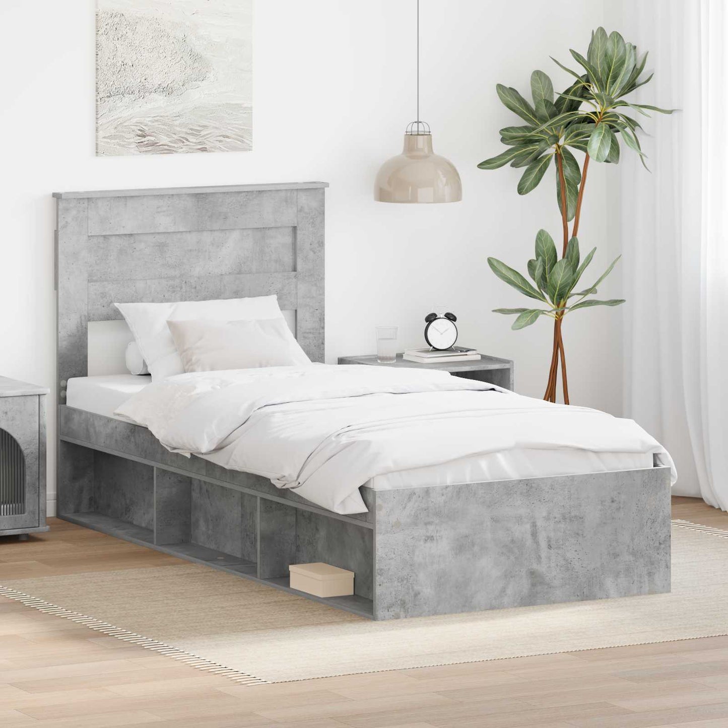 vidaXL Bettrahmen mit Kopfteil Beton 90 x 200 cm Massives Kiefernholz