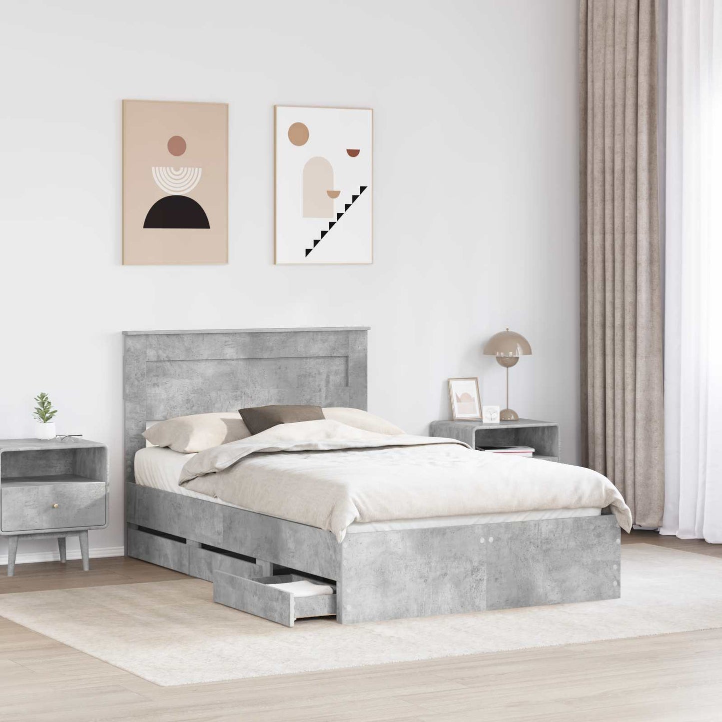 vidaXL Bettrahmen mit Kopfteil Beton Grau 135 x 190 cm Ingenieurs Holz