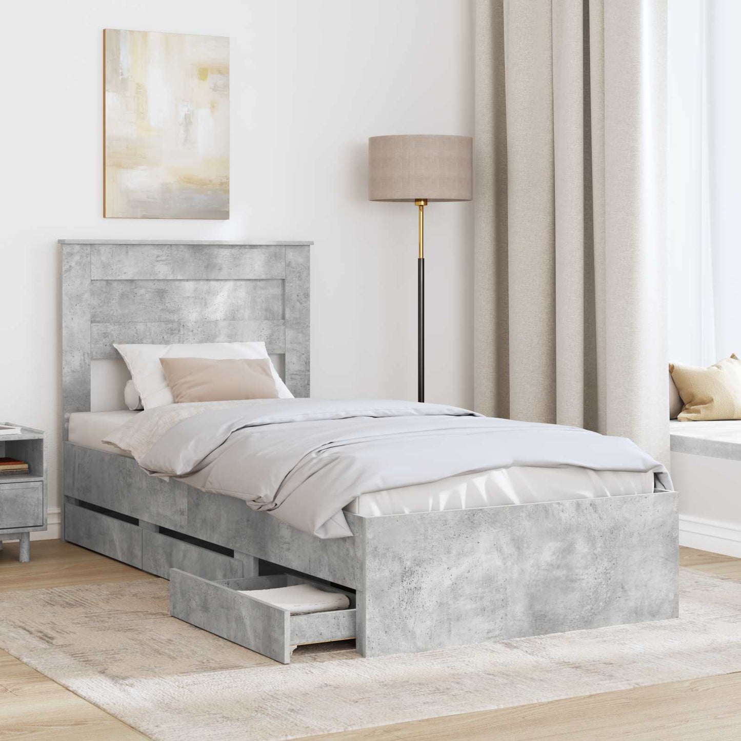 Bettrahmen mit Kopfteil Beton Grau 75 x 190 cm Ingenieurs Holz