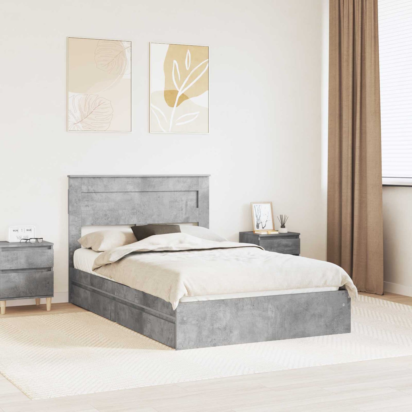 vidaXL Lit de rangement gris béton 135 x 190 cm en bois d'ingénierie
