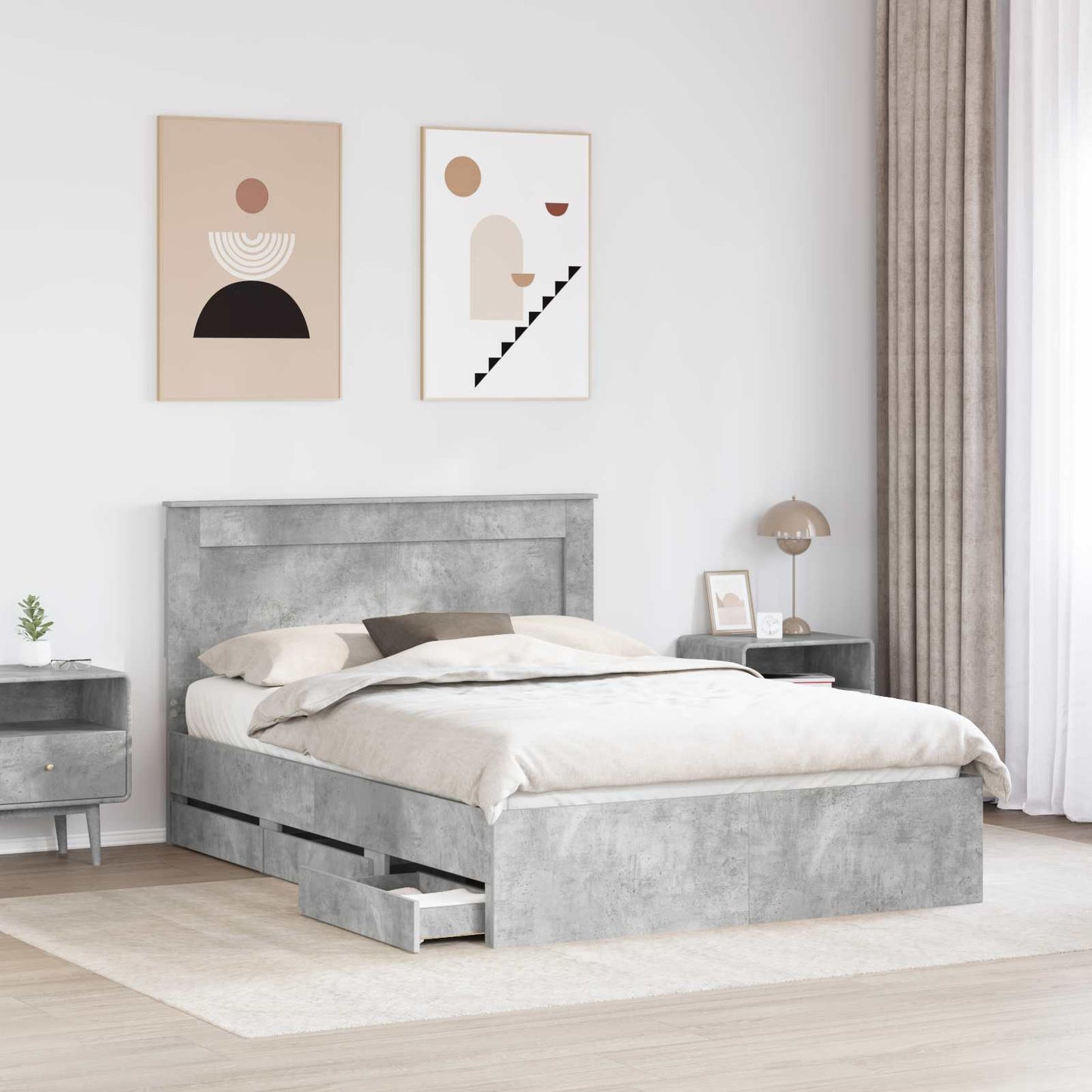 vidaXL Bettrahmen mit Kopfteil Beton Grau 140 x 190 cm Ingenieurs Holz