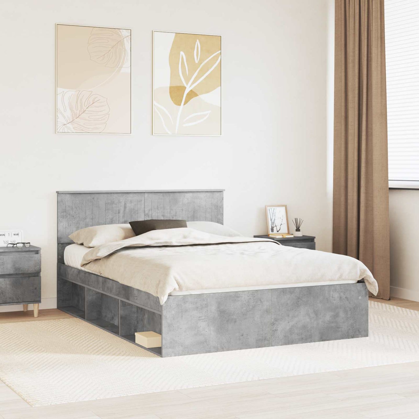 vidaXL Bettrahmen Beton Grau 135 x 190 cm Massives Kiefernholz