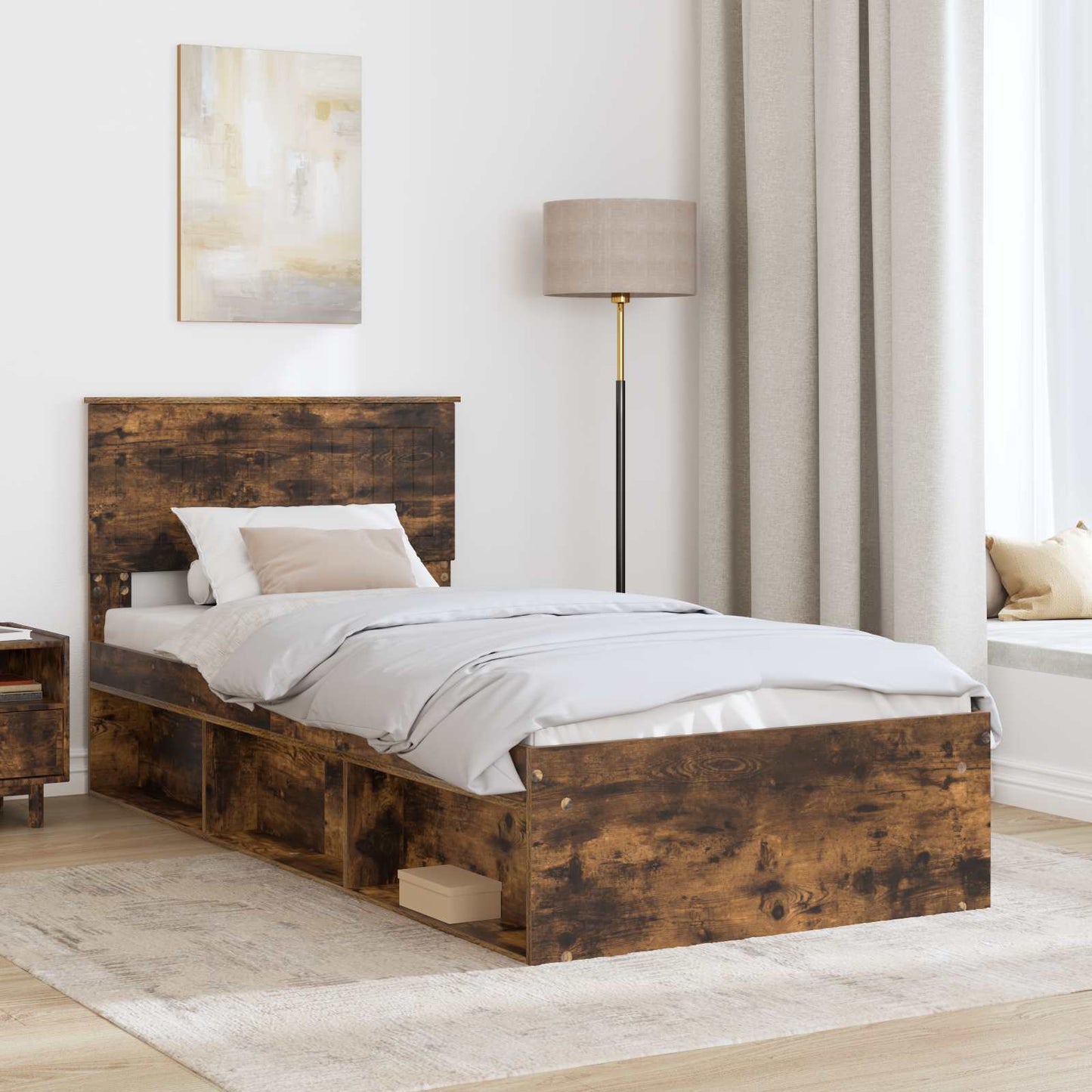 vidaXL Bettrahmen Geräucherte Eiche 90 x 200 cm Massives Kiefernholz