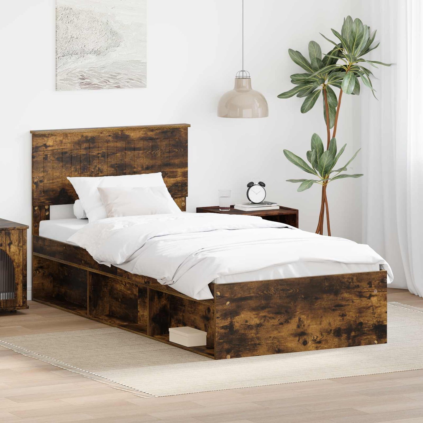 vidaXL Bettrahmen Geräucherte Eiche 90 x 190 cm Massives Kiefernholz
