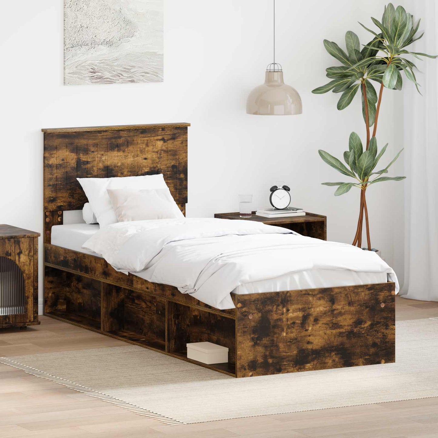vidaXL Bettrahmen Geräucherte Eiche 75 x 190 cm Massives Kiefernholz