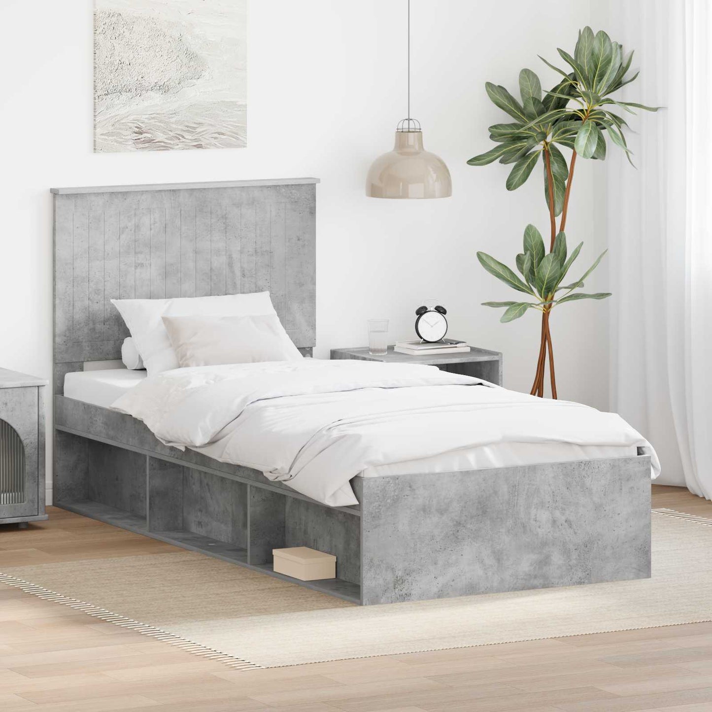 vidaXL Bettrahmen mit Kopfteil Beton 90 x 200 cm Massives Kiefernholz