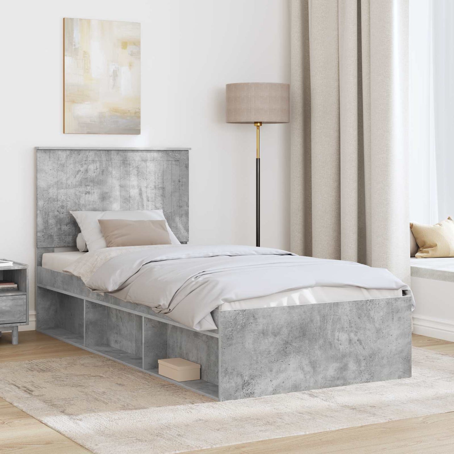 vidaXL Bettrahmen mit Kopfteil Beton 90 x 200 cm Massives Kiefernholz