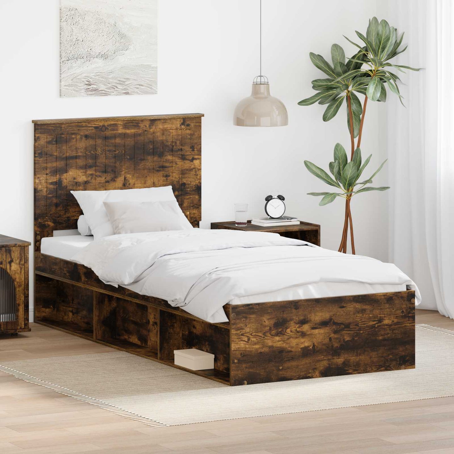 vidaXL Bettrahmen Geräucherte Eiche 90 x 190 cm Massives Kiefernholz