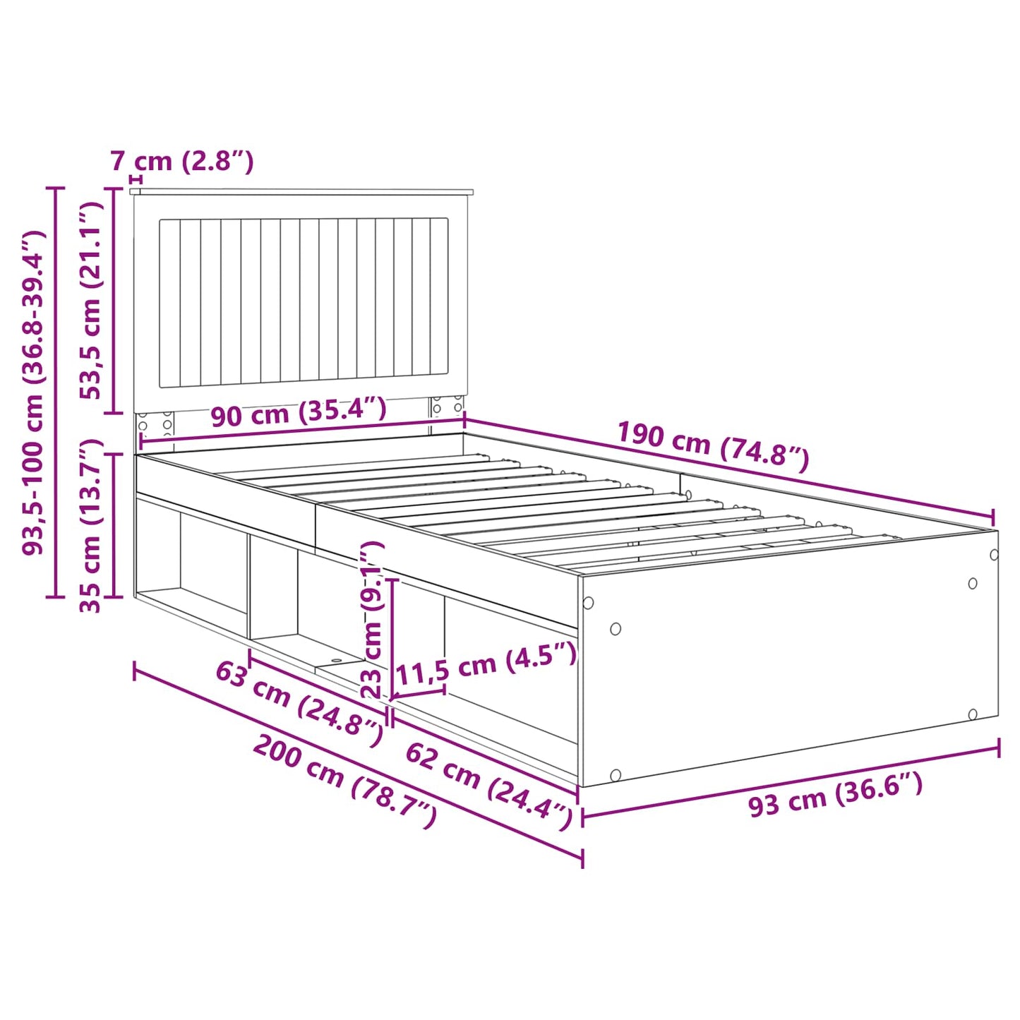 vidaXL Cadre de lit aspect chêne marron 90 x 190 cm Pin massif