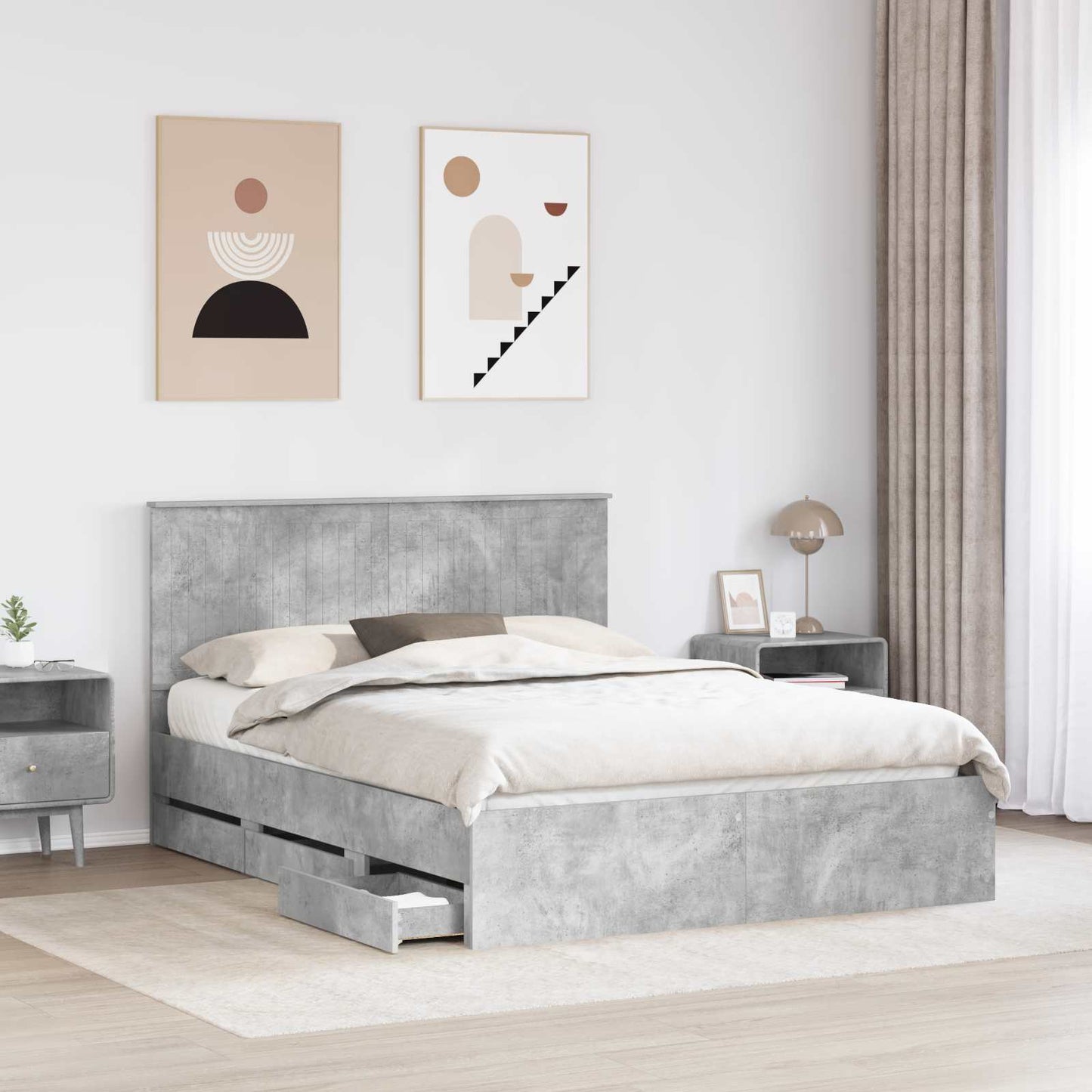 vidaXL Bettrahmen mit Kopfteil Beton Grau 150 x 200 cm Ingenieurs Holz