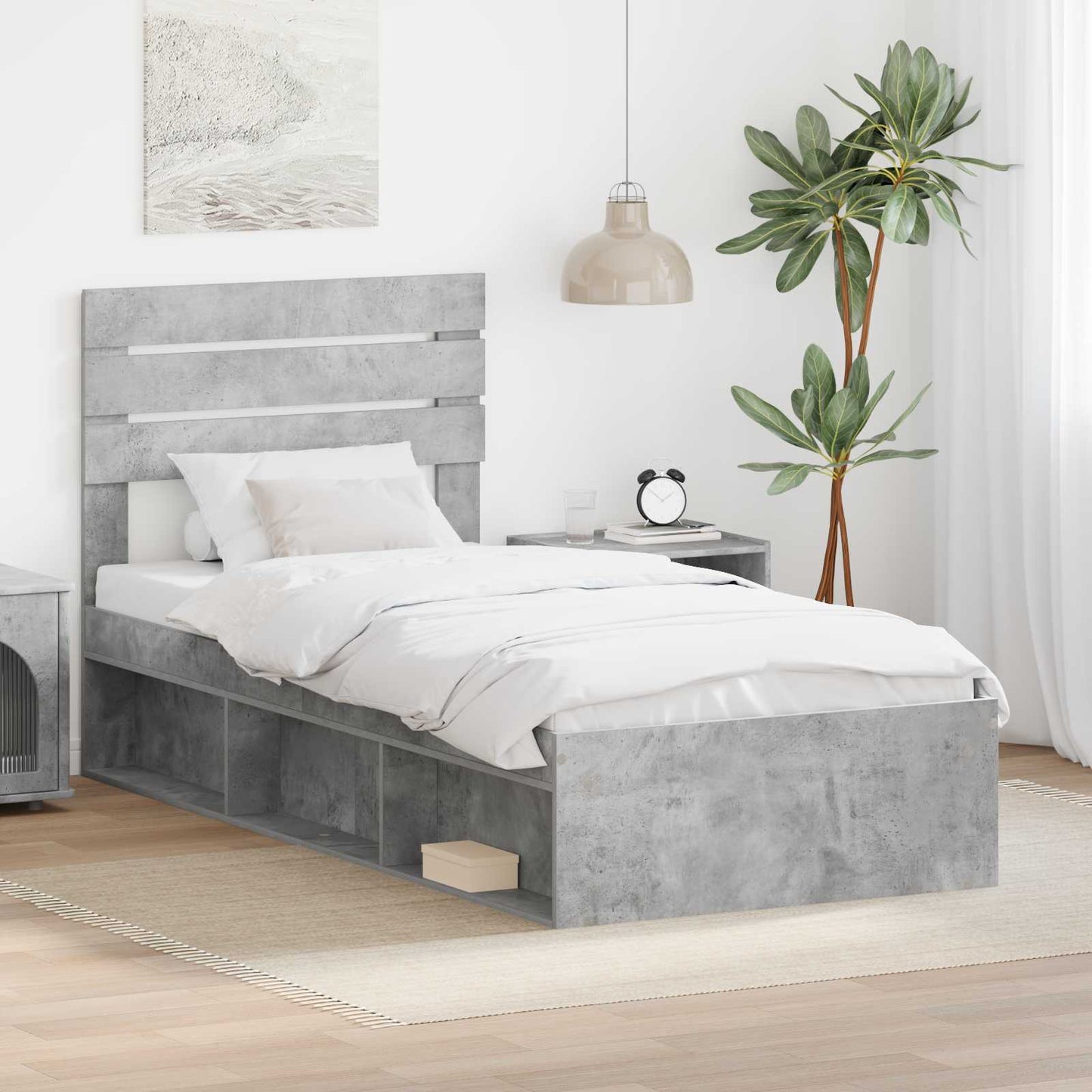 vidaXL Cadre de lit avec tête de lit Béton 90 x 200 cm Bois de pin massif