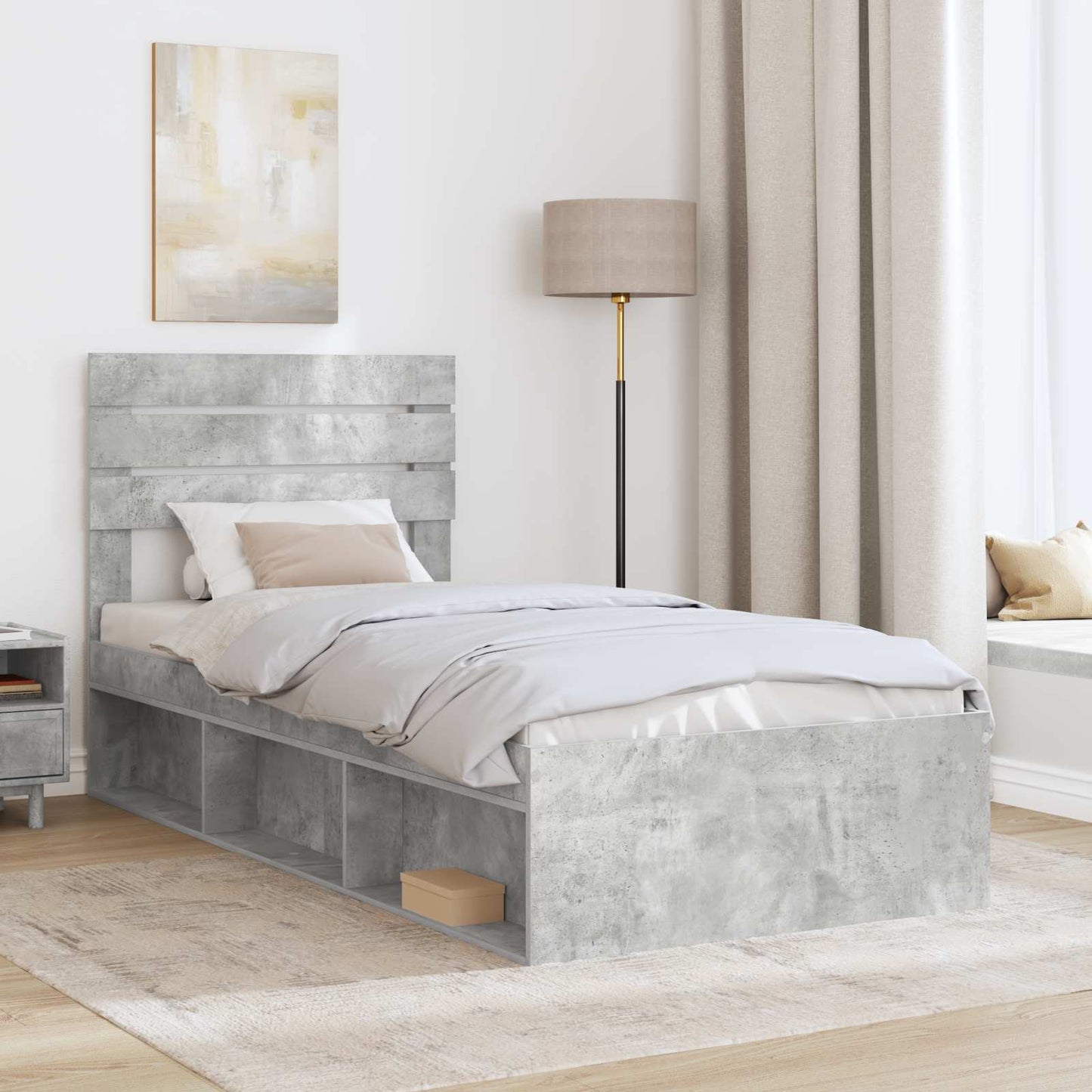 vidaXL Cadre de lit avec tête de lit Béton 90 x 200 cm Bois de pin massif