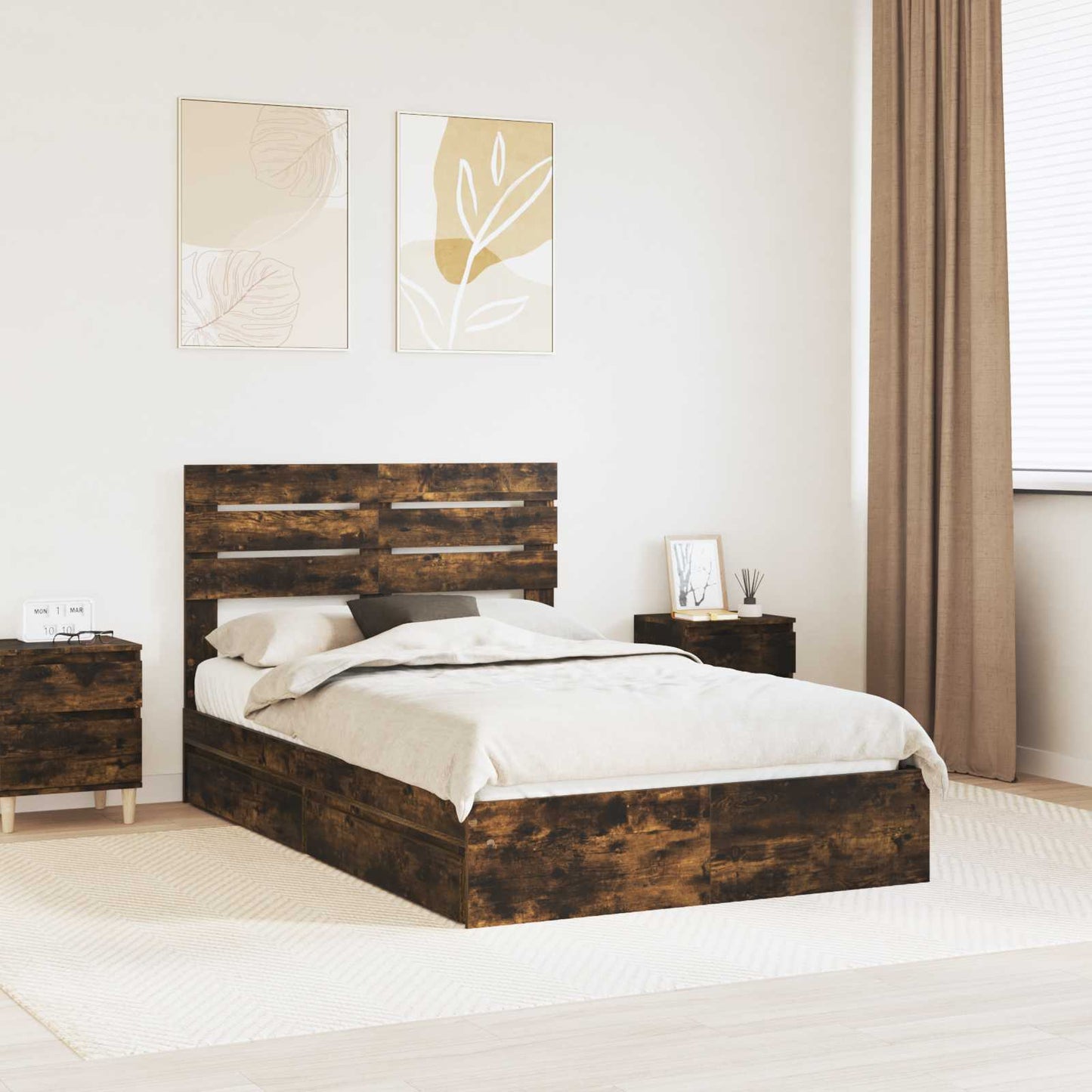 vidaXL Lit de rangement Chêne fumé 120 x 200 cm Bois d'ingénierie