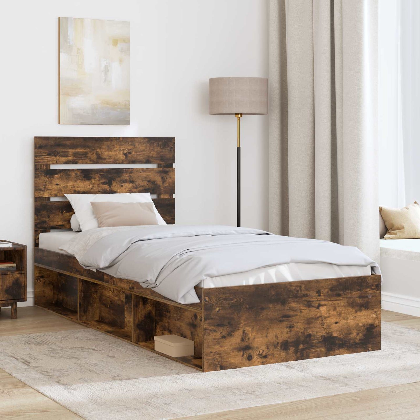 vidaXL Bettrahmen Geräucherte Eiche 90 x 190 cm Massives Kiefernholz