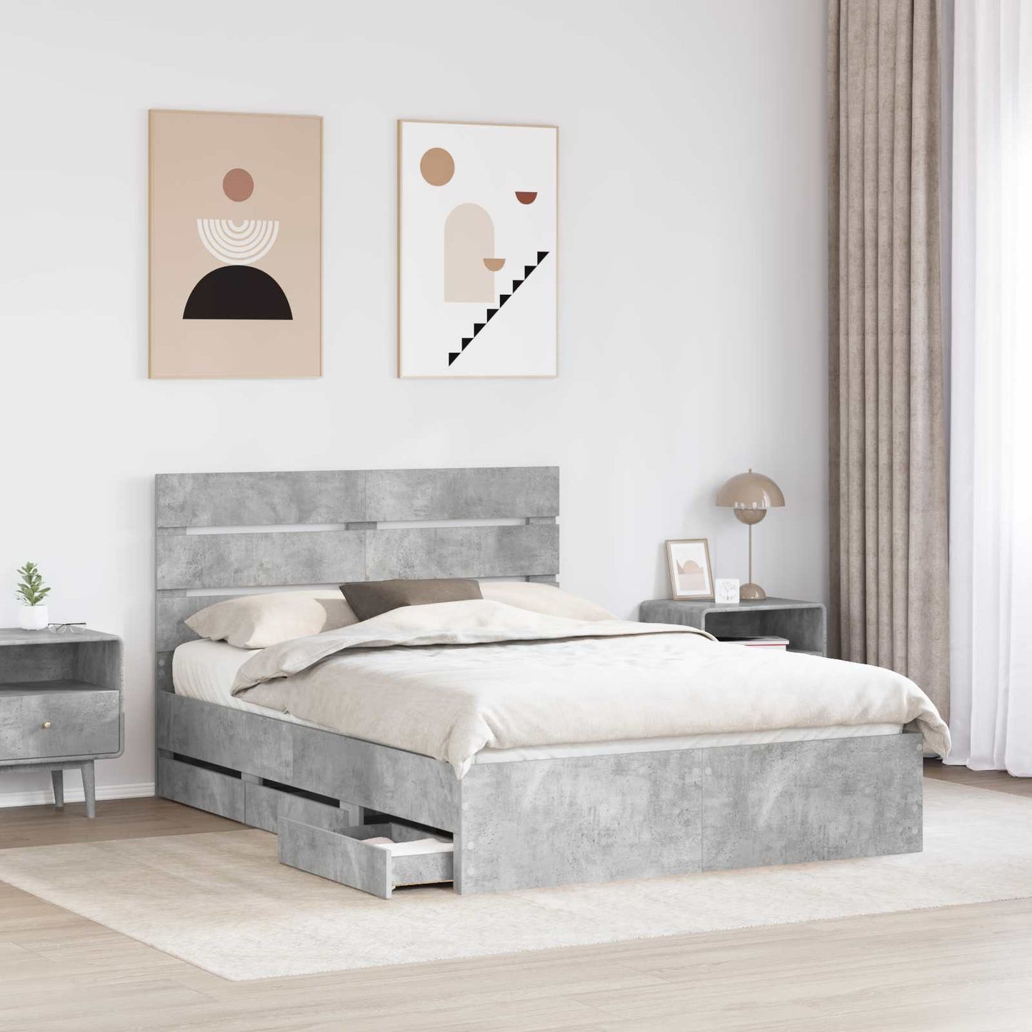 vidaXL Bettrahmen mit Kopfteil Beton Grau 150 x 200 cm Ingenieurs Holz