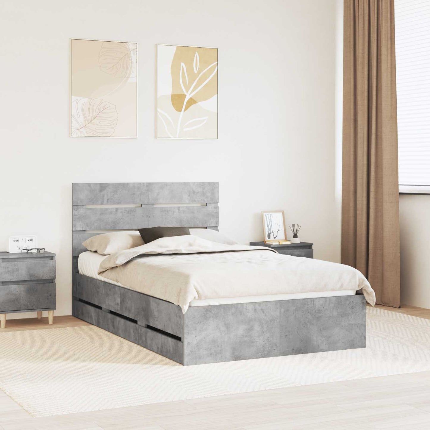 vidaXL Bettrahmen mit Kopfteil Beton Grau 120 x 200 cm Ingenieurs Holz