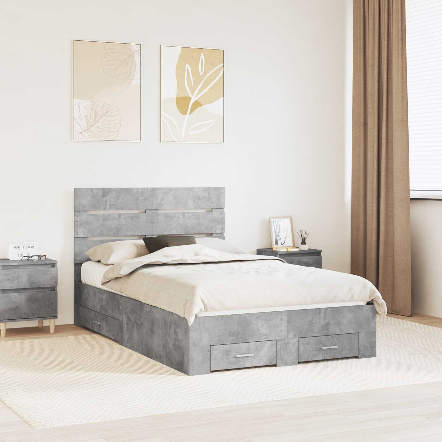 vidaXL Bettrahmen mit Schubladen Beton Grau 120 x 200 cm Holzwerkstoff