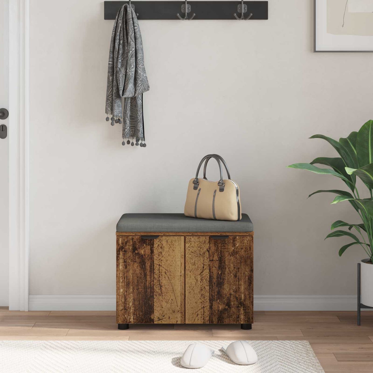 Flurbank mit Kissen mit Regal mit Tür Altholz 60 x 38 x 46 cm