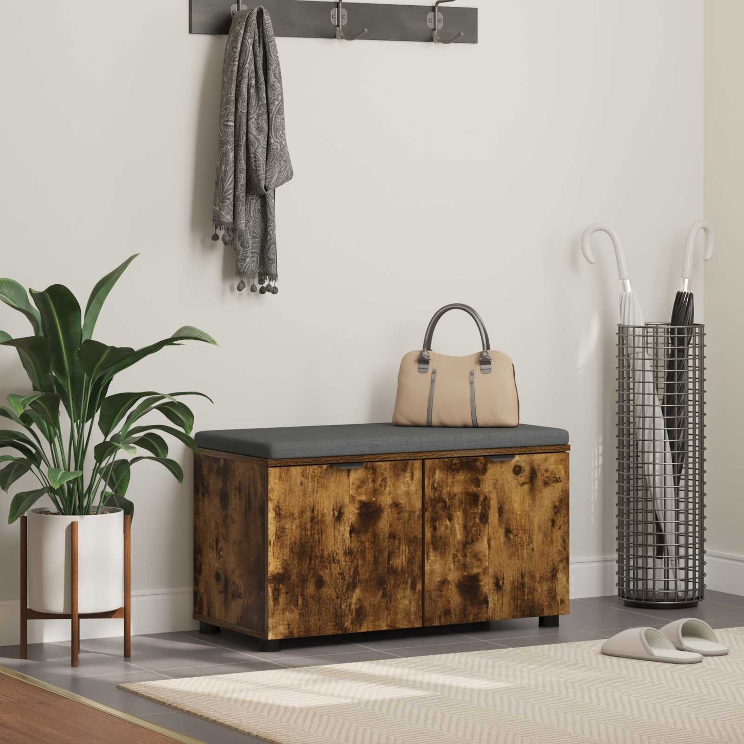 Flurbank mit Kissen mit Regal Geräucherte Eiche 80 x 38 x 46 cm