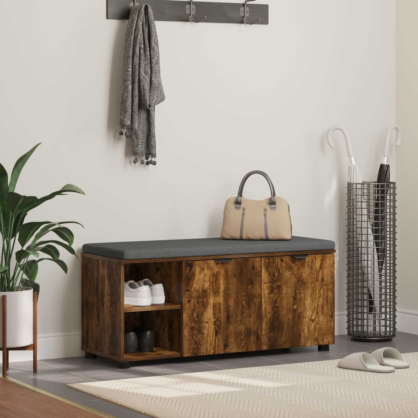 Flurbank mit Kissen mit Tür Geräucherte Eiche 100 x 38 x 46 cm