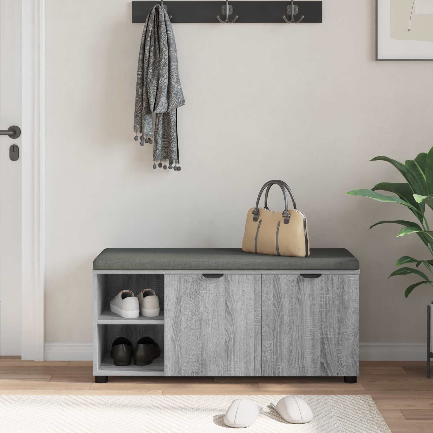 Flurbank mit Kissen mit Regal Graues Sonoma 100 x 38 x 46 cm