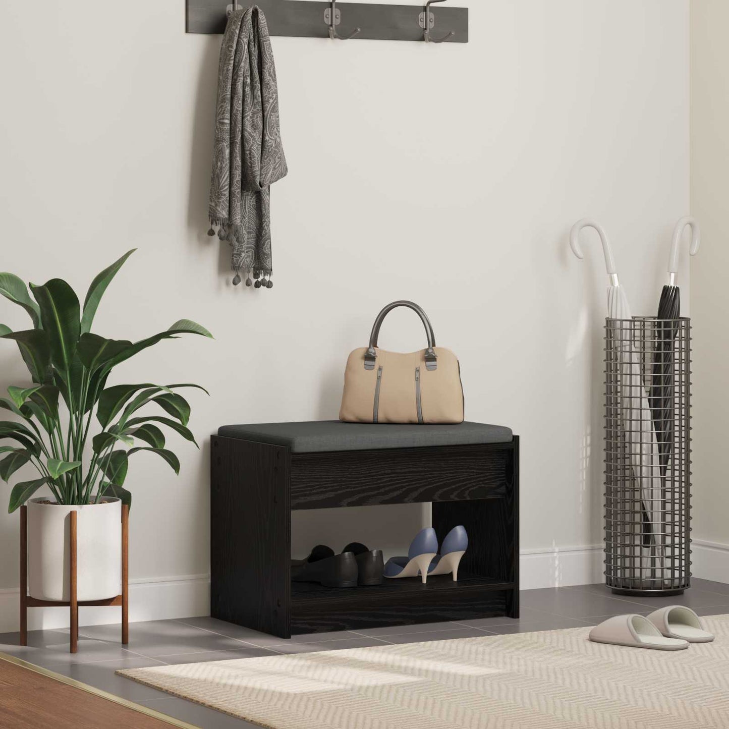 Flurbank mit Kissen mit Regal Schwarze Eiche 63 x 38 x 45 cm