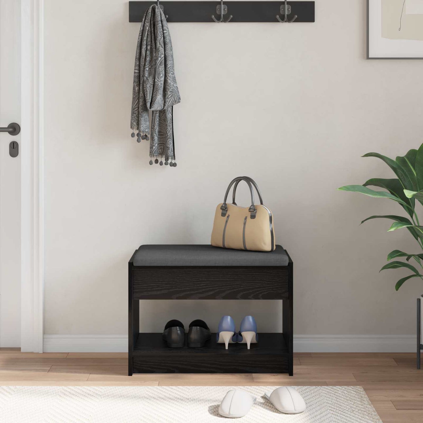 Flurbank mit Kissen mit Regal Schwarze Eiche 63 x 38 x 45 cm