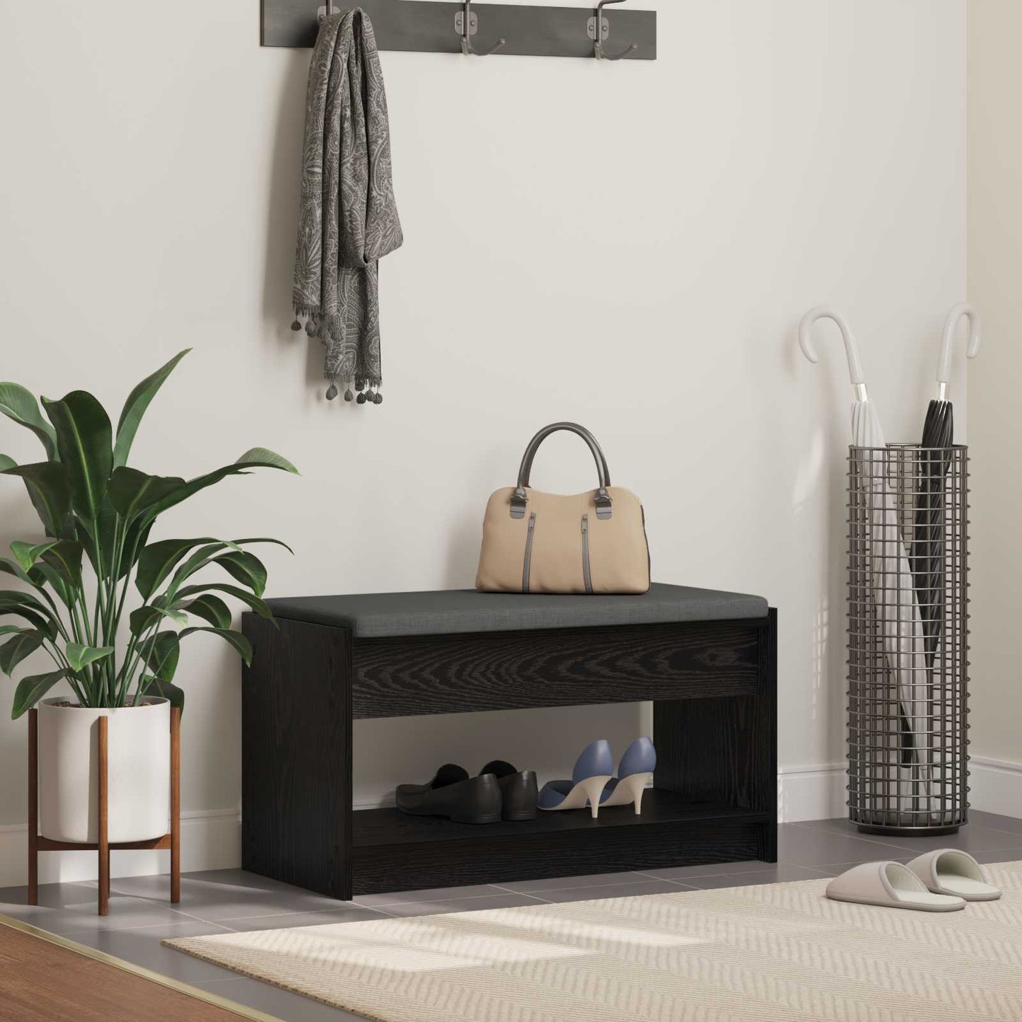 Flurbank mit Kissen mit Regal Schwarze Eiche 83 x 38 x 45 cm