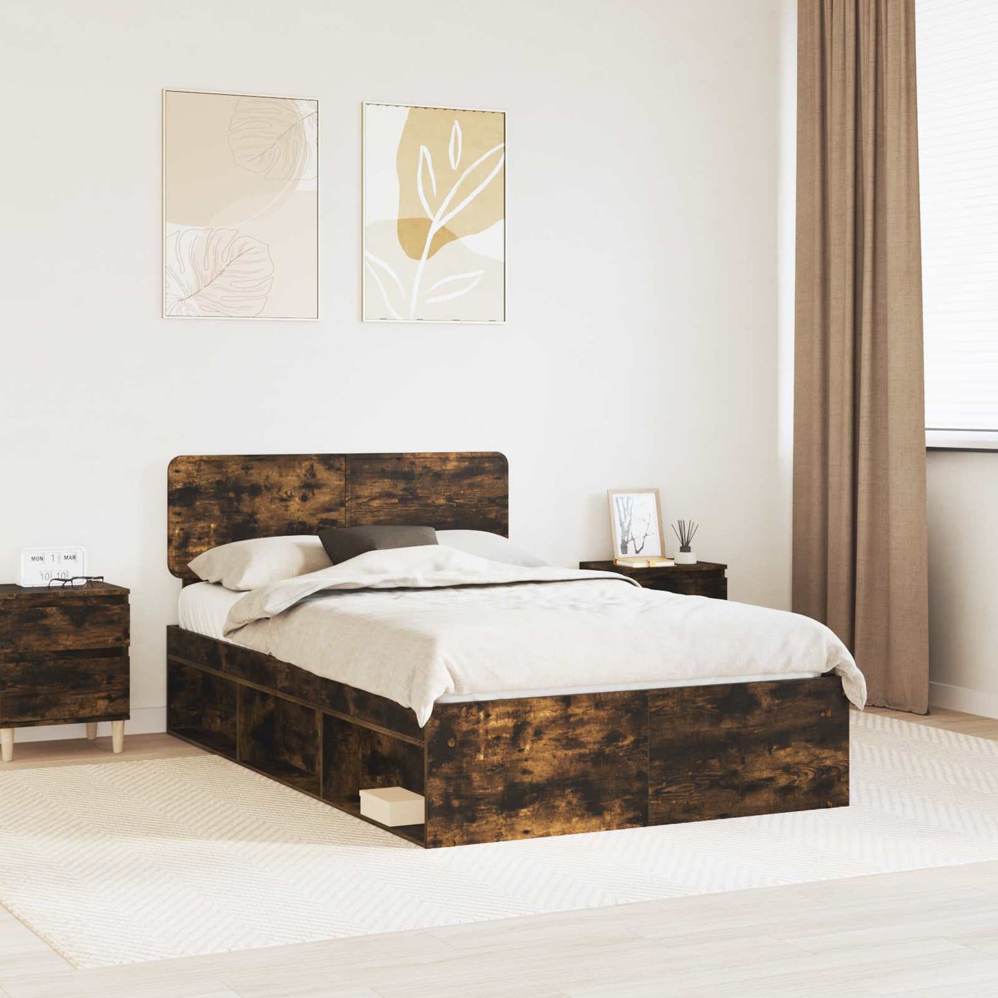 vidaXL Bettrahmen Geräucherte Eiche 135 x 190 cm Massives Kiefernholz