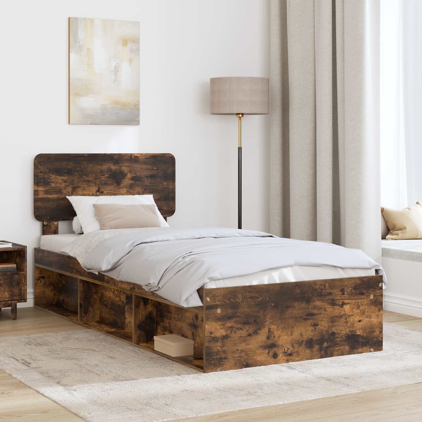 vidaXL Bettrahmen Geräucherte Eiche 90 x 190 cm Massives Kiefernholz