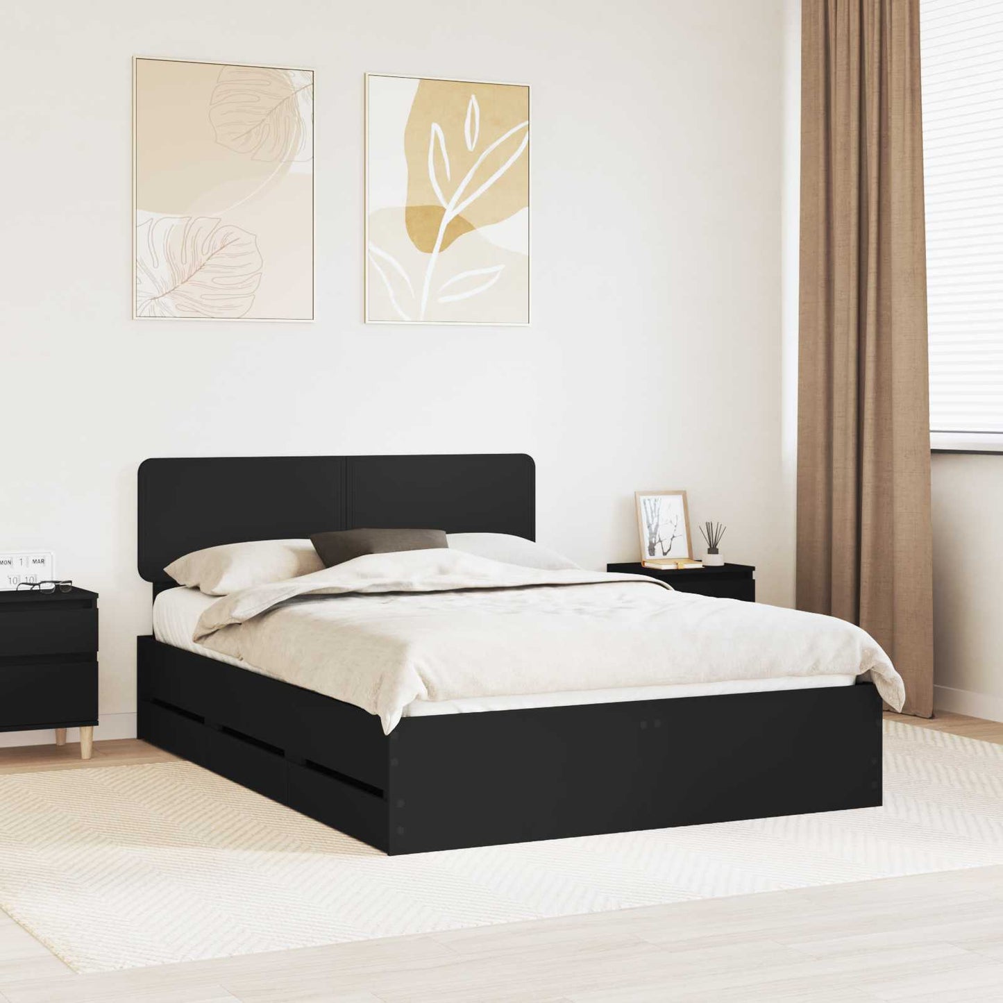 vidaXL Cadre de lit avec tiroirs Noir 140 x 190 cm Bois d'ingénierie