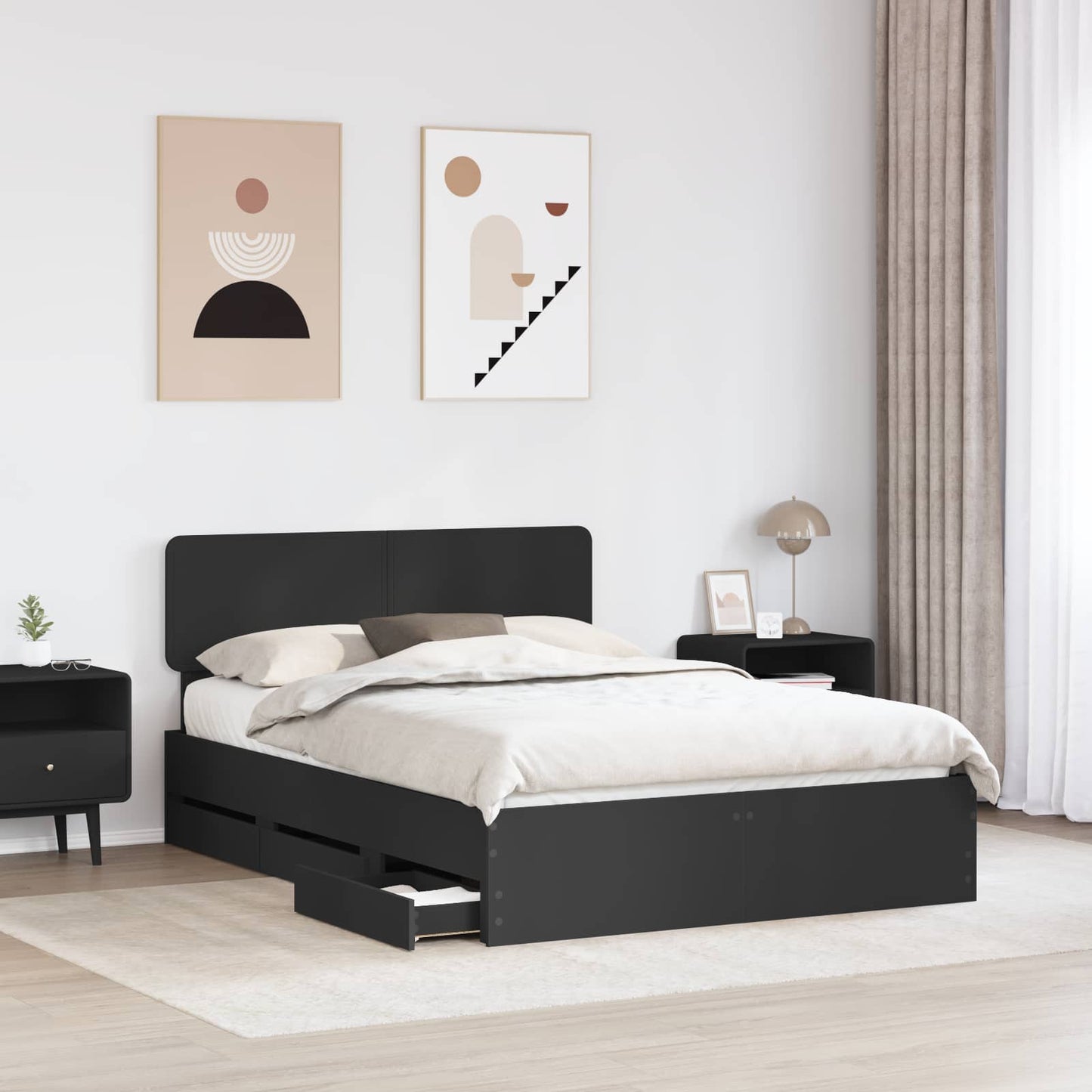 vidaXL Cadre de lit avec tiroirs Noir 140 x 190 cm Bois d'ingénierie