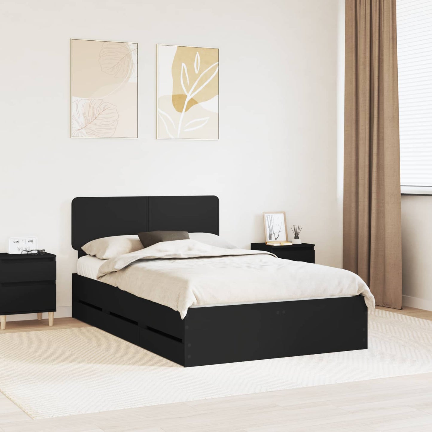 vidaXL Cadre de lit avec tiroirs Noir 135 x 190 cm Bois d'ingénierie