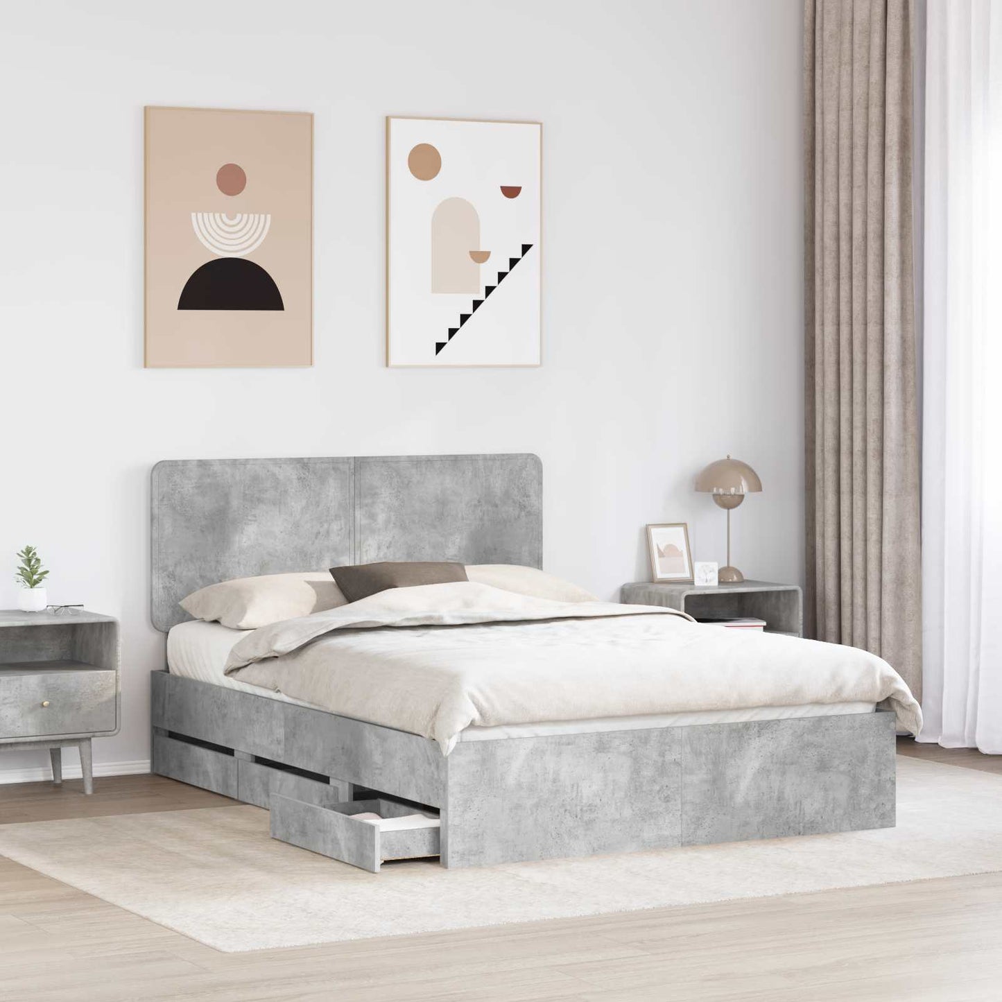 vidaXL Bettrahmen mit Kopfteil Beton Grau 150 x 200 cm Ingenieurs Holz
