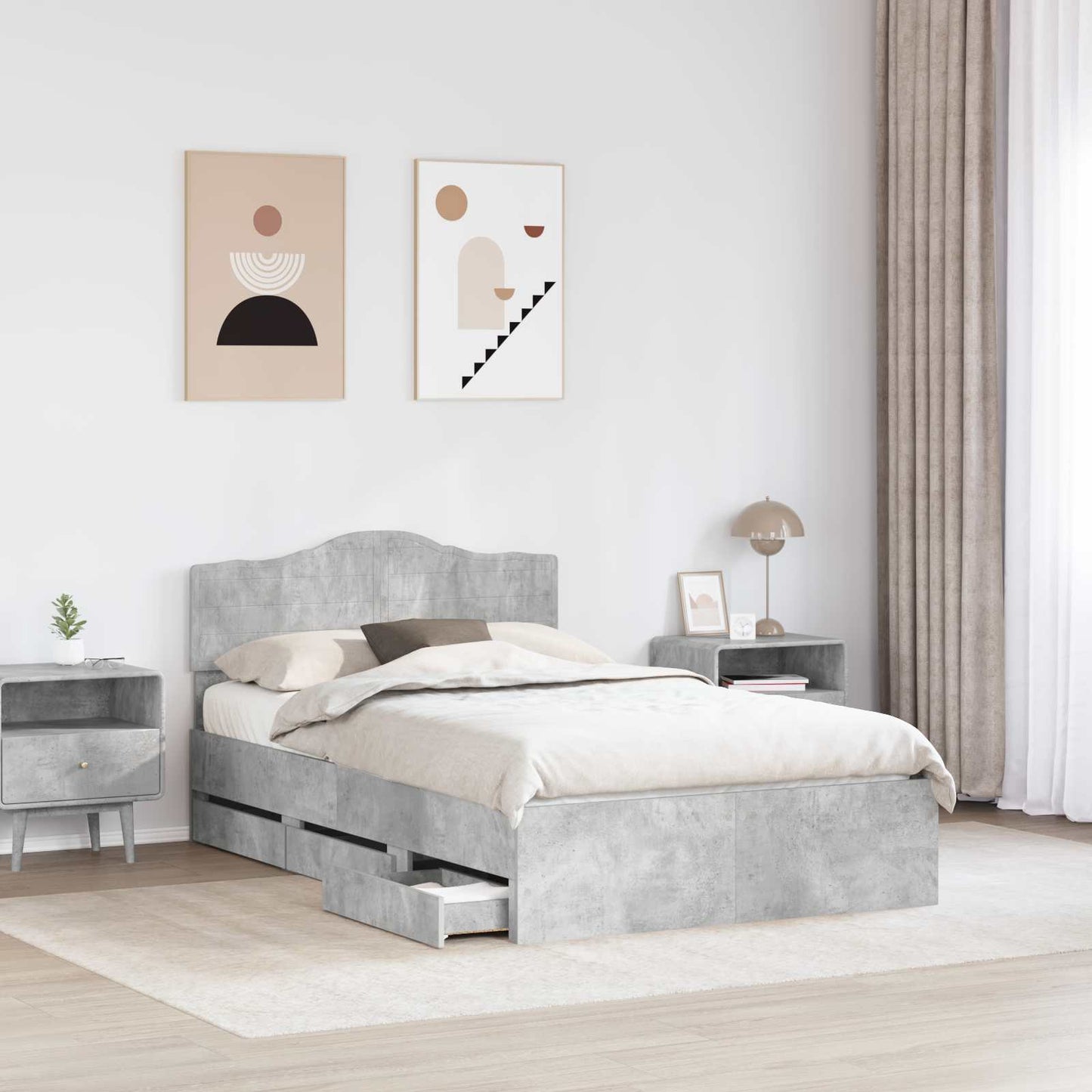 vidaXL Bettrahmen mit Kopfteil Beton Grau 135 x 190 cm Ingenieurs Holz