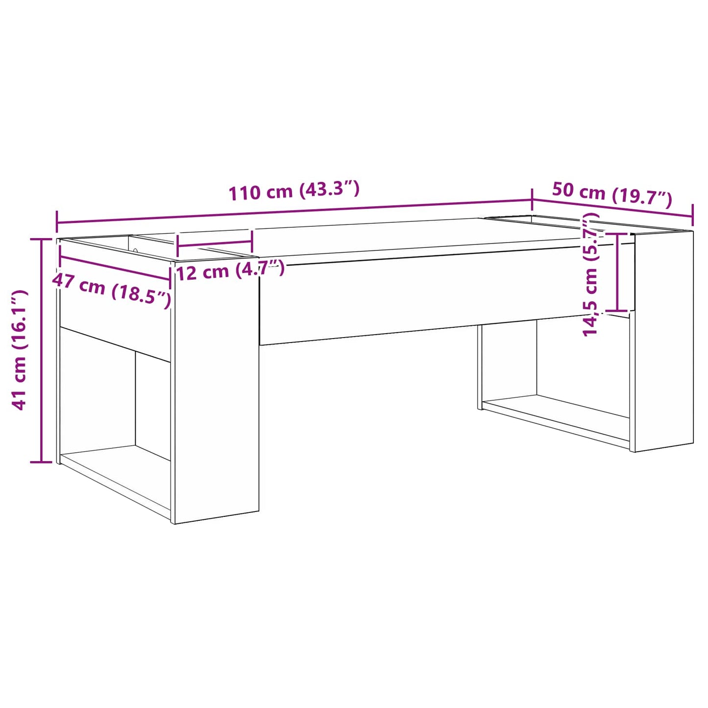 vidaXL Couchtisch Schwarz Eichen-Optik 110 x 50 x 41 cm Holzwerkstoff