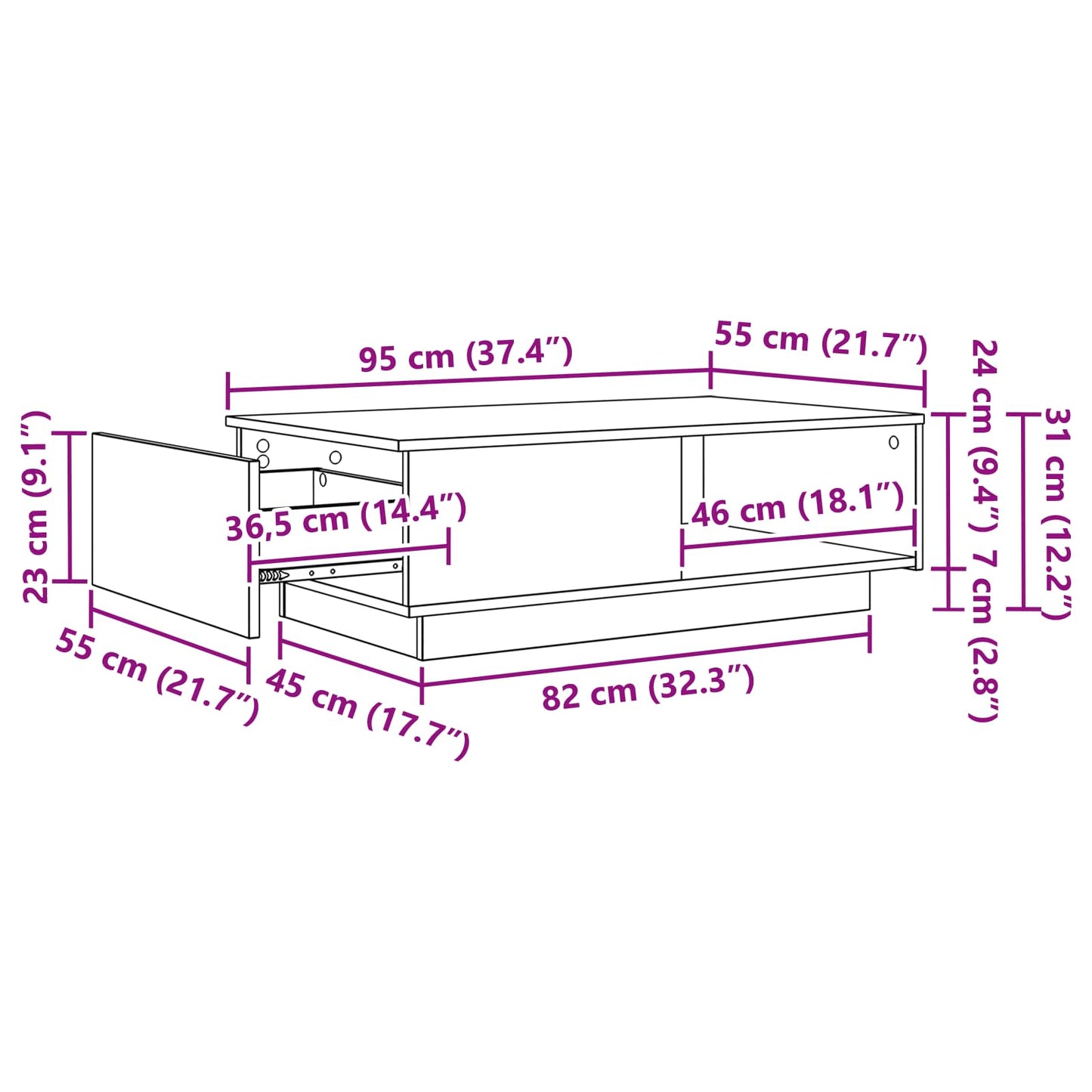 vidaXL Couchtisch Schwarz Eichen-Optik 95 x 55 x 31 cm Holzwerkstoff