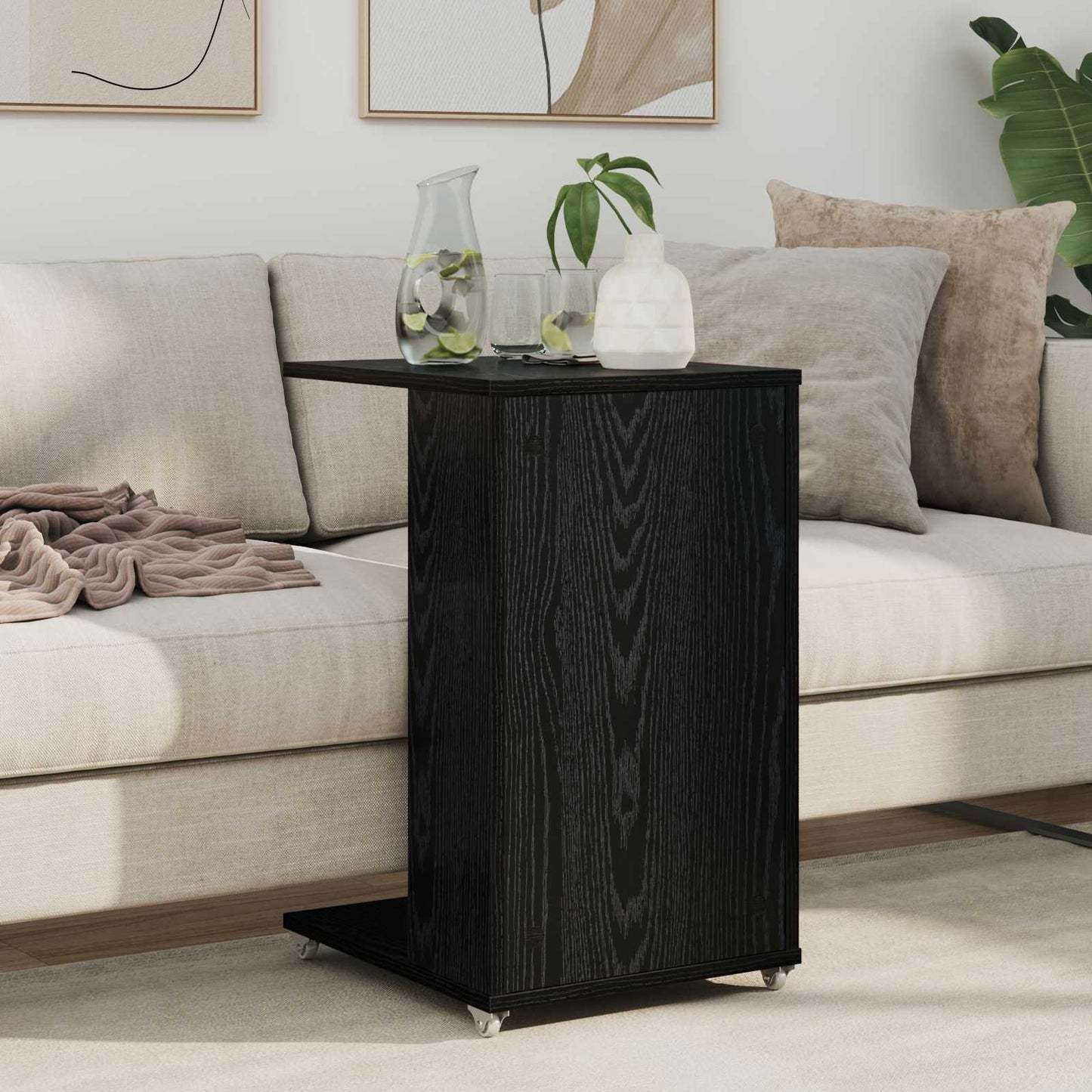 vidaXL Table d'appoint avec roue Noir aspect chêne 40 x 35 x 60 cm
